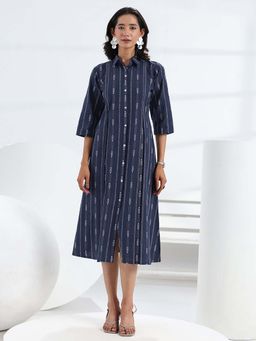 Gerua By Libas - Navy Blue Printed A-Line Half Sleeves Midi Dress