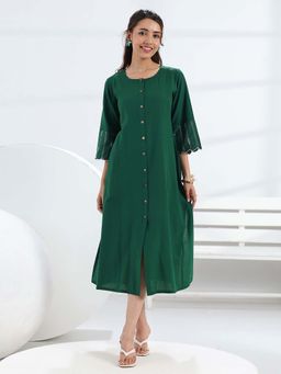 Gerua By Libas - Green Solid/Plain A-Line Three Fourth Sleeves Midi Dress