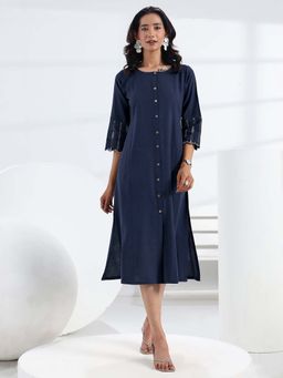 Gerua By Libas - Blue Solid/Plain A-Line Three Fourth Sleeves Midi Dress
