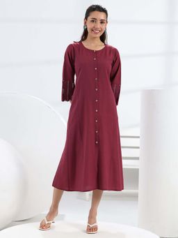 Gerua By Libas - Maroon Solid/Plain A-Line Three Fourth Sleeves Midi Dress