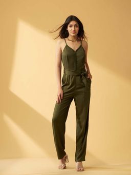 B77 - Women Olive Solid Zipper Jumpsuits