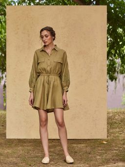 B77 - Women Olive Collar Neck Embroidered Button Fly Playsuits