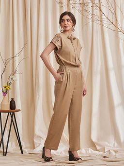 B77 - Women Khaki Mandarin Neck Embroidered Tie-Ups Jumpsuits
