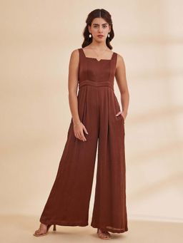 B77 - Women Brown Square Neck Textured Zipper Jumpsuits