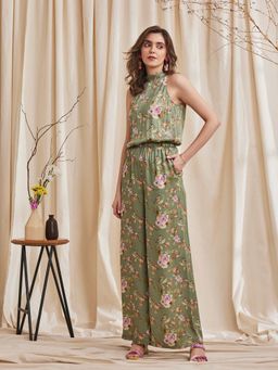 B77 - Women Green Halter Neck Floral Tie-Ups Jumpsuits