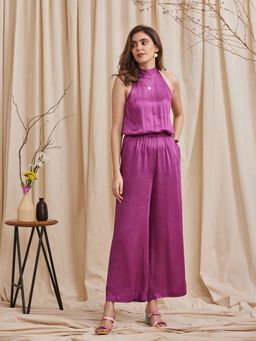 B77 - Women Purple Halter Neck Solid Tie-Ups Jumpsuits