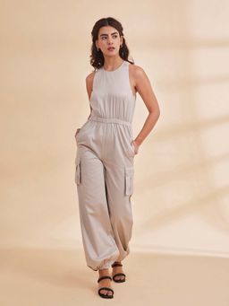 B77 - Women Beige Round Neck Solid Zipper Jumpsuits