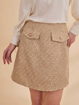 B77 - Women Beige Linen Textured Skirt
