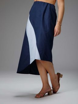 B77 - Women Navy Blue Cotton Linen Colorblock Knee Length Skirt