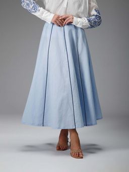 B77 - Women Blue Cotton Linen Plain Skirt