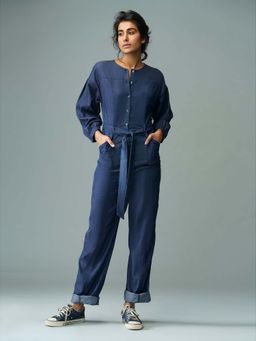 B77 - Women Blue Round Neck Solid Button Fly Jumpsuits