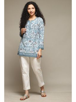 Biba - Sky Blue Art Silk Straight Printed Kurti