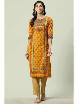 Biba - Mustard Cotton Straight Printed Kurta (Set of 2)