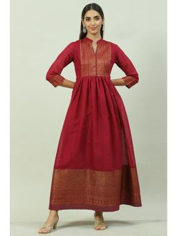 Biba - Maroon Art Silk Flared Yarndyed Dress