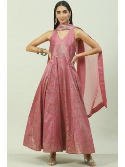 Biba - Onion Pink Art Silk Flared Kurta Legging Suit (Set of 3)