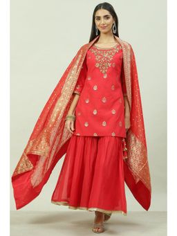 Biba - Red Art Silk Straight Kurta Gharara Suit (Set of 3)