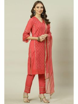 Biba - Soft Red Straight Kurta Relaxed Pant Suit (Set of 3)