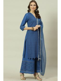 Biba - Blue Cotton Straight Kurta Sharara Suit (Set of 3)