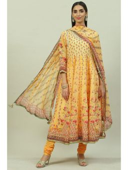 Biba - Yellow Straight Kurta Churidar Suit (Set of 3)