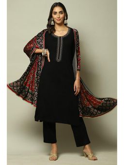 Biba - Black Cotton Straight Kurta Pant Suit (Set of 3)