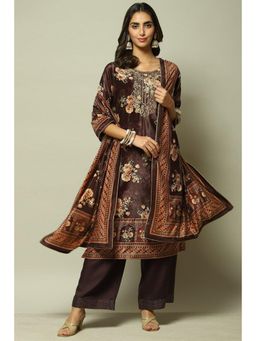Biba - Choco Brown Viscose Straight Kurta Palazzo Suit (Set of 3)