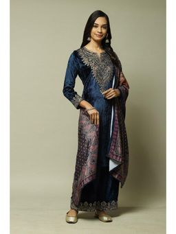 Biba - Navy Blue Viscose Straight Kurta Palazzo Suit (Set of 3)