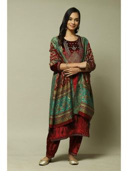 Biba - Maroon Viscose Straight Kurta Salwar Suit (Set of 3)