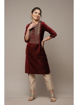 Biba - Maroon Velvet Straight Printed Kurta