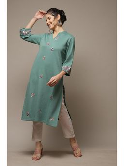 Biba - Fern Green Acrylic Straight Yarndyed Kurta
