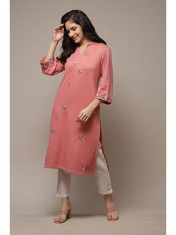 Biba - Peach Acrylic Straight Yarndyed Kurta