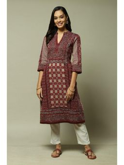Biba - Maroon Poly Metalic Straight Printed Kurta