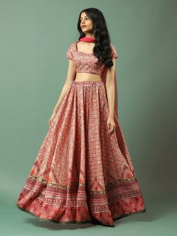 Aarke Ritu Kumar - Pink Printed Lehenga with Blouse and Dupatta (Set of 3)