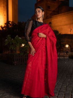 Beatitude - Red Shade Cotton Handspun Saree With Unstitched Blouse