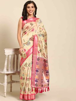 Silk Land - Womens Kalamkari Print Beige Regal Weave Silk Saree with Unstitched Blouse