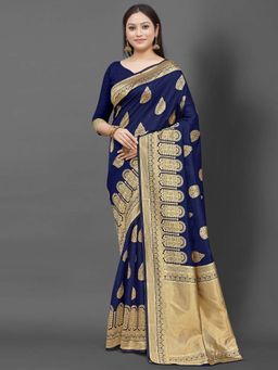 Akhilam - Women Silk Blend Navy Blue Celebrity Saree with Unstitched Blouse