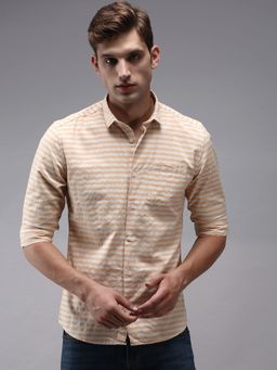 SHOWOFFFF - Men Orange Collar Neck Horizontal Stripes Classic Fit Shirt
