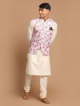 Vastramay - Mens Pink and Cream Viscose Jacket - Kurta and Pyjama (Set of 3)