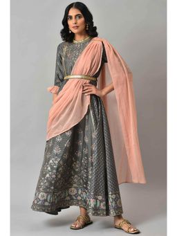 Aurelia - Women Grey Floral Print Silk Dress with Dupatta