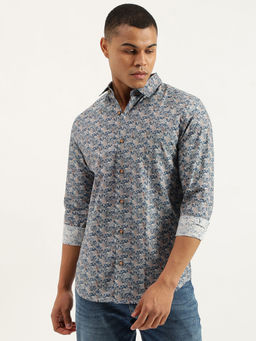 United Colors of Benetton - Blue Printed Slim Fit Spread Collar Shirt