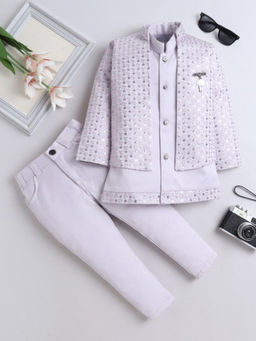 FOURFOLDS - Boys Purple Embroidered Indo Blazer With Waistcoat & Pant (Set of 3)