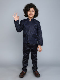 FOURFOLDS - Boys Navy Blue Printed Jodhpuri & Pant (Set of 2)