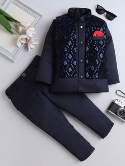 FOURFOLDS - Boys Navy Blue Blazer & Pant With Embroidered Waistcoat (Set of 3)