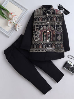 FOURFOLDS - Boys Black Blazer & Pant With Embroidered Waistcoat (Set of 3)
