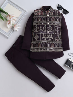 FOURFOLDS - Boys Wine Blazer & Pant With Embroidered Waistcoat (Set of 3)