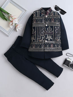 FOURFOLDS - Boys Navy Blue Blazer & Pant With Embroidered Waistcoat (Set of 3)