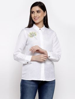 DART STUDIO - Linen Shirt With Hand Embroidery -White