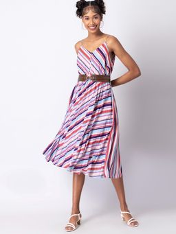 FabAlley - Multicolored Striped Strappy Pleated Midi Dress with Tan Belt (Set of 2)