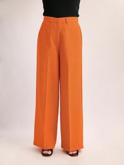 PURVAJA - Women Comfort Relaxed Fit Below Knee Flat Front High Rise Solid Formal Trouser Orange
