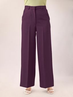 PURVAJA - Women Comfort Relaxed Fit Below Knee Flat Front High Rise Solid Formal Trouser Wine