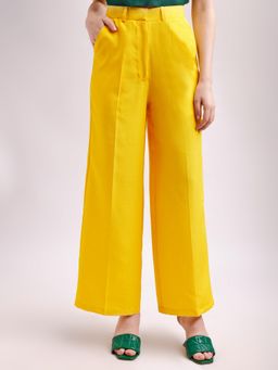 PURVAJA - Women Comfort Relaxed Fit Below Knee Flat Front High Rise Solid Formal Trouser Yellow